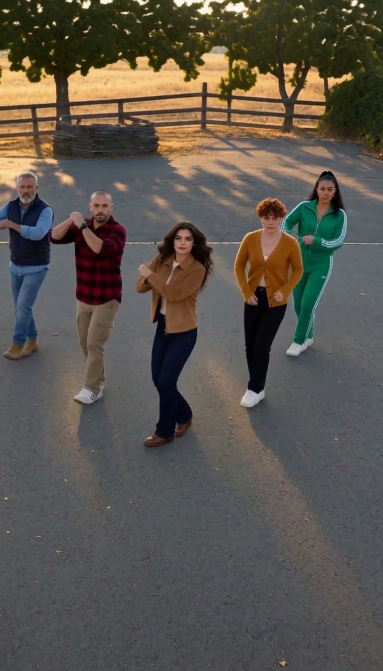 Everyday Crew style: a lead dancer in a camel suede jacket at the center of a five-person line in casual clothes on an empty lot at golden hour.