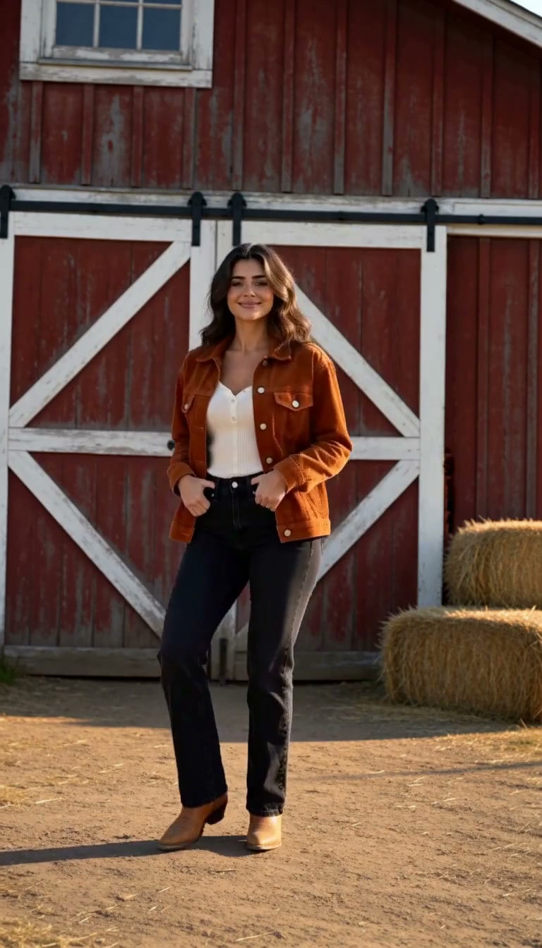 Solo Line Dance style: a dancer in a rust-orange corduroy jacket, black jeans and tan cowboy boots in front of a red barn.